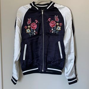 Flower Embroidered Satin Jersey/Varsity Jacket